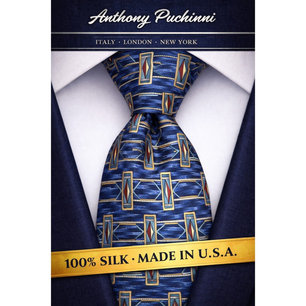 Anthony Puchinni Tie Mens Blue Silk Geometric Classic Luxury Made In USA